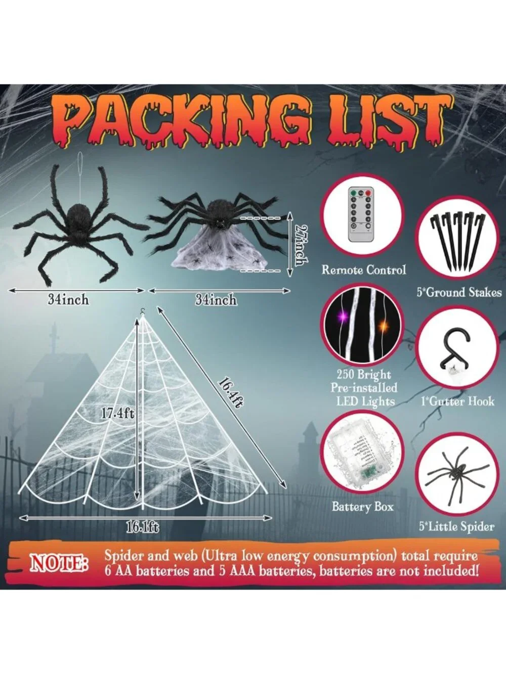 3 Pack Animated Jumping Spiders Halloween Decor - Light Up Web Set, Black